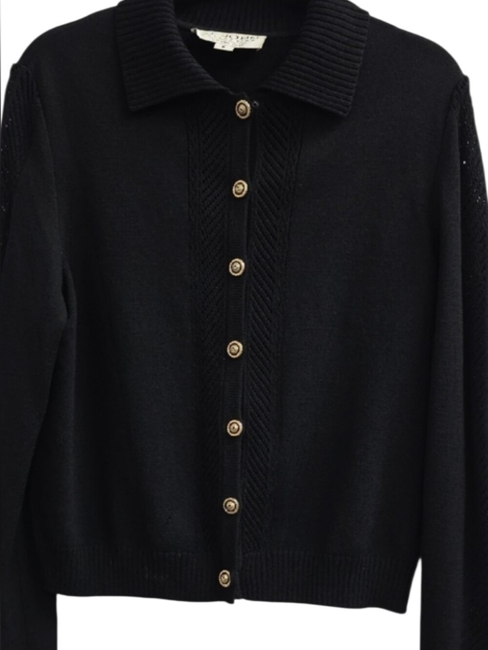 St. John Black Santana Knit Pointelle Cardigan Collar Sweater Size 6